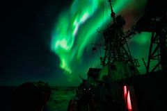 The Northern Lights pass overhead as HMCS Charlottetown transits to Iceland across the North Sea, during EX STEADFAST DEFENDER 24, on 03 March 2024Photo by: Pte Brendan Gamache, Canadian Armed Forces Photo