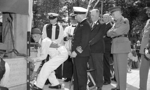 J.R.-Beech-and-party-watching-workmen-lay-corner-stone-at-H.M.C.S.-Discovery